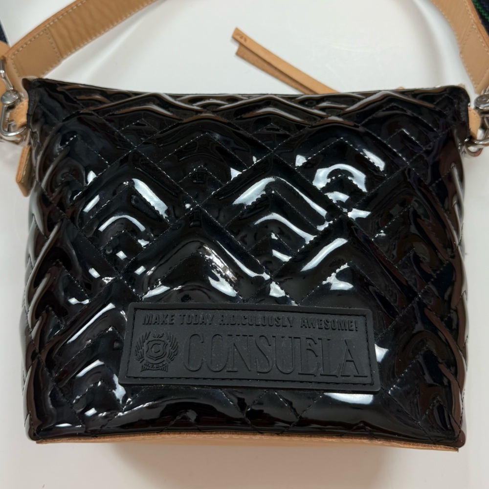 Consuela Black Patent Quilted Bucket Bag with Beige Trim - Picture 10 of 12
